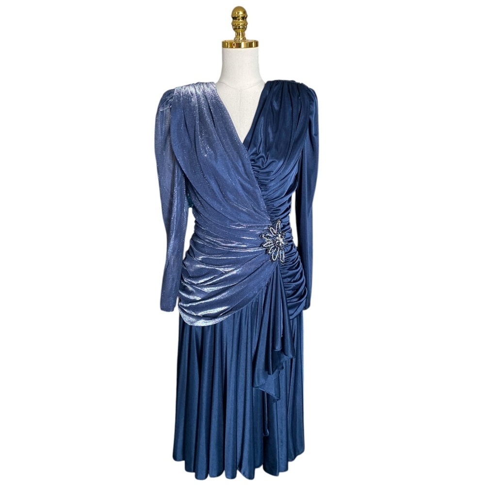 Women Vintage 80s Filigree LTD Collection Blue Sparkle Ruched Cocktail Dress 12